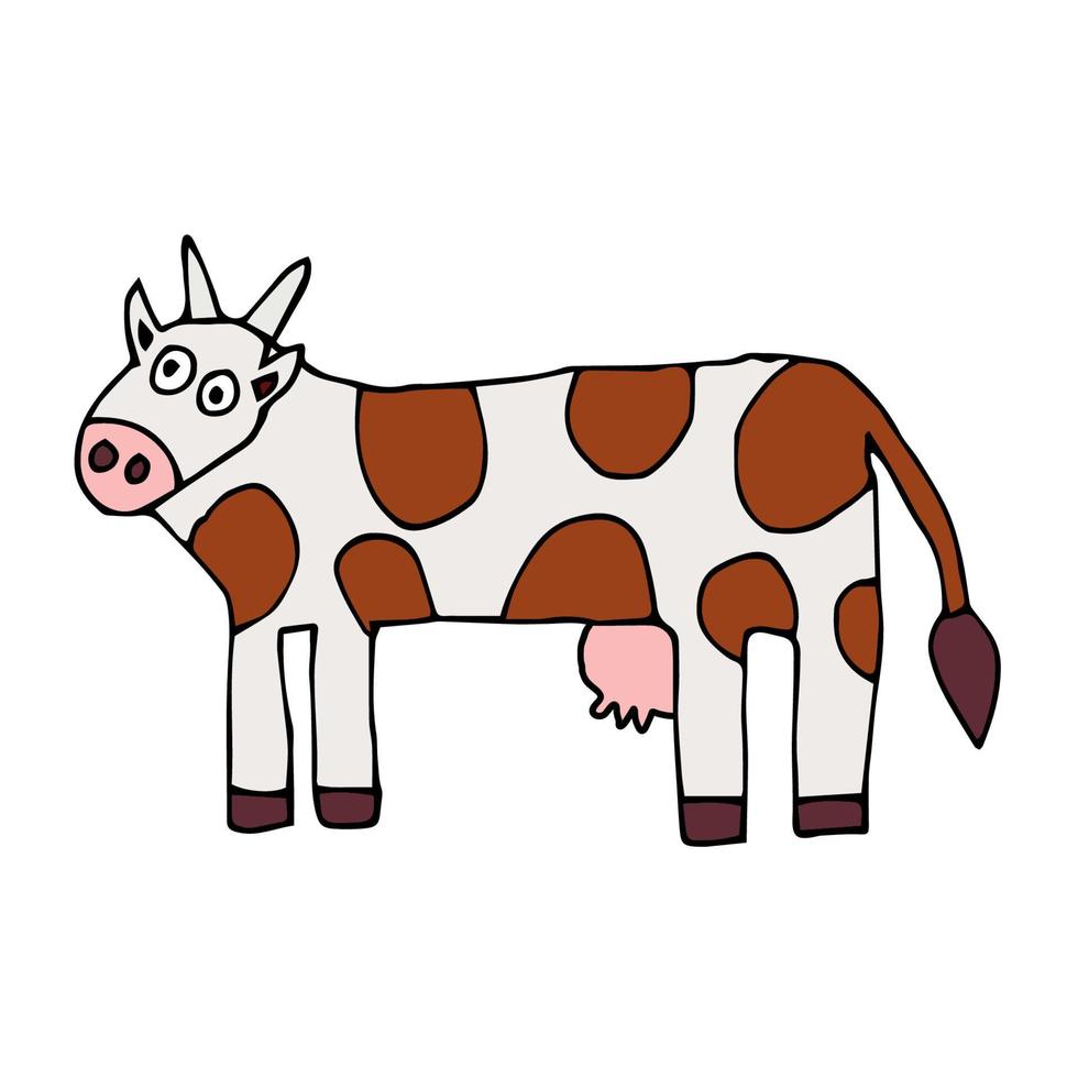 cartone animato doodle mucca isolato su sfondo bianco. simpatico animale da fattoria disegnato a mano. vettore