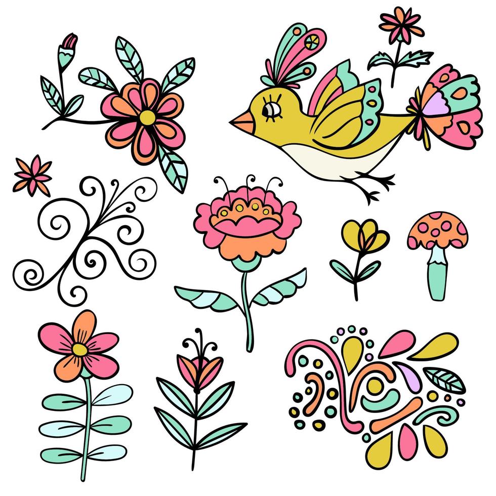 set di elementi floreali tropicali astratti, uccello del paradiso giallo, elementi dei cartoni animati. fiori colorati. collezione di doodle di design isolato su priorità bassa bianca. vettore