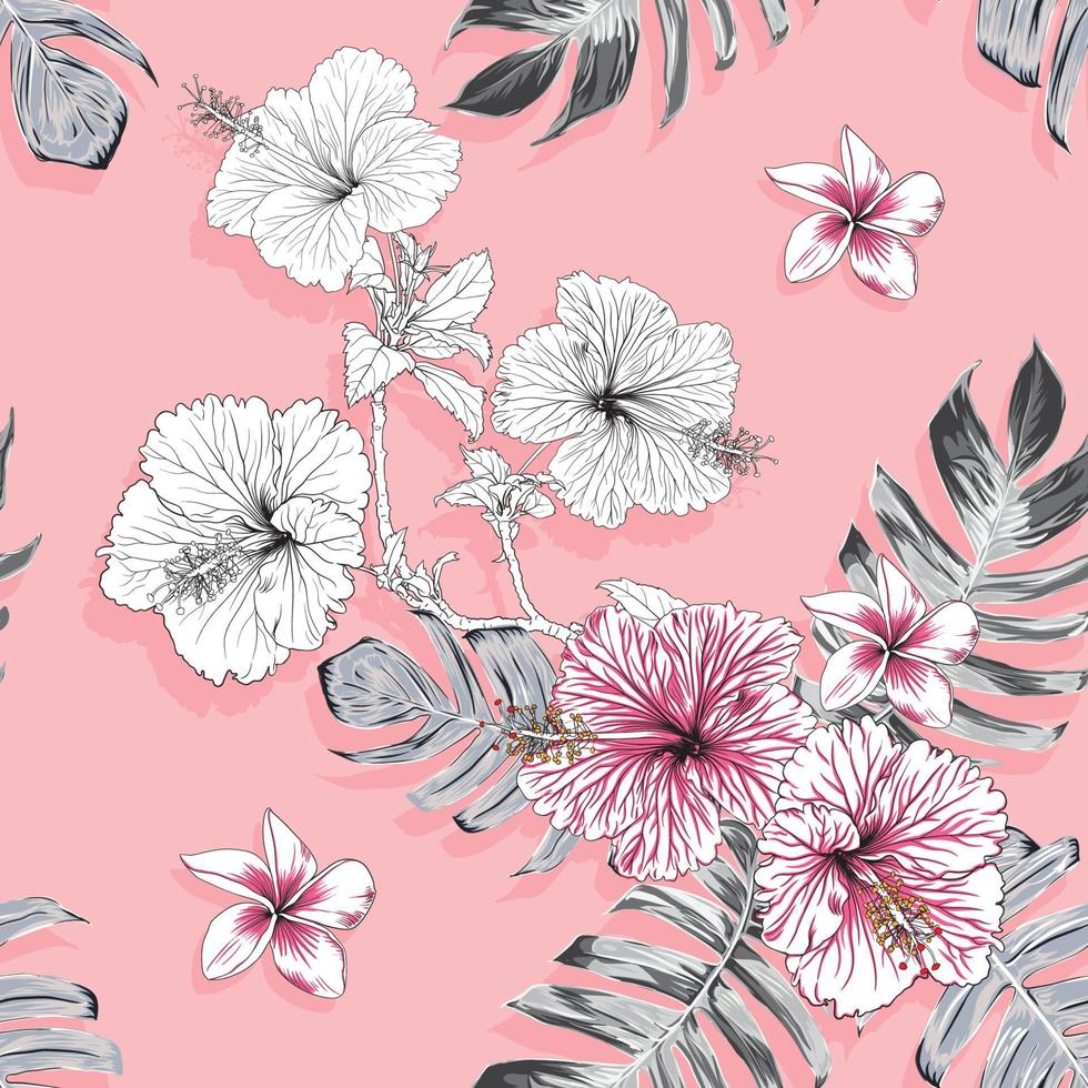 motivo floreale senza soluzione di continuità con fiori di ibisco frangipani e foglie di monstera astratto sfondo rosa pasel.illustrazione vettoriale acquerello disegno a mano.tessuto fashion design