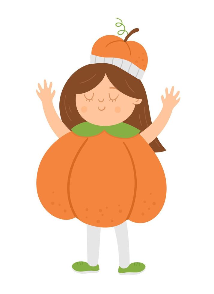 ragazza vestita come una zucca. simpatico personaggio del bambino di halloween di vettore. bambino in costume da jack-o-lantern. divertente autunno tutti i santi illustrazione vigilia. disegno del partito del vestito da Samhain. vettore