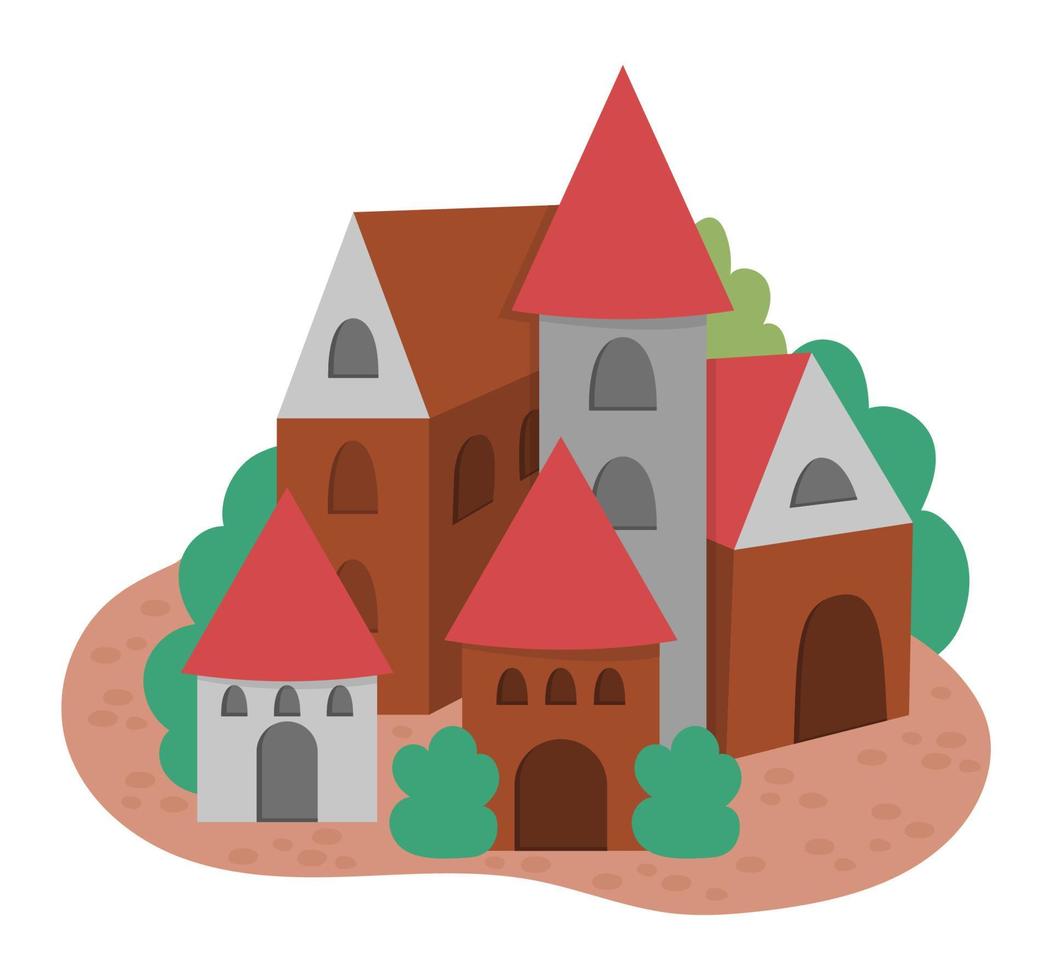 vettore icona villaggio medievale isolato su sfondo bianco. foto regno magico. insieme di edifici in pietra e legno. campagna con torri, case, alberi. illustrazione del paese delle fiabe