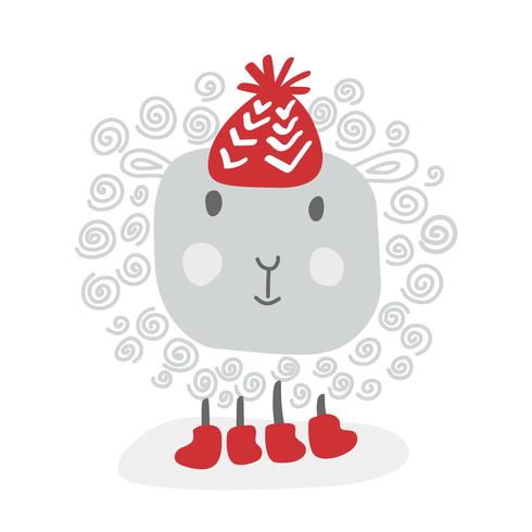 Handdraw Funny doodle vettoriale pecore bianche in cappello rosso invernale, schizzo per il vostro disegno. Isolato su sfondo bianco