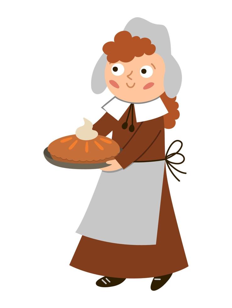 vettore donna pellegrina con torta di zucca isolato su sfondo bianco. carattere del giorno del ringraziamento. icona autunnale con i primi americani. simpatica illustrazione del colono delle vacanze autunnali