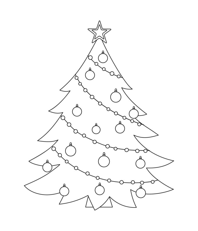 vettore albero di Natale decorato in bianco e nero isolato su sfondo bianco. carino divertente illustrazione al tratto del simbolo del nuovo anno. icona della linea di abete o pagina da colorare.