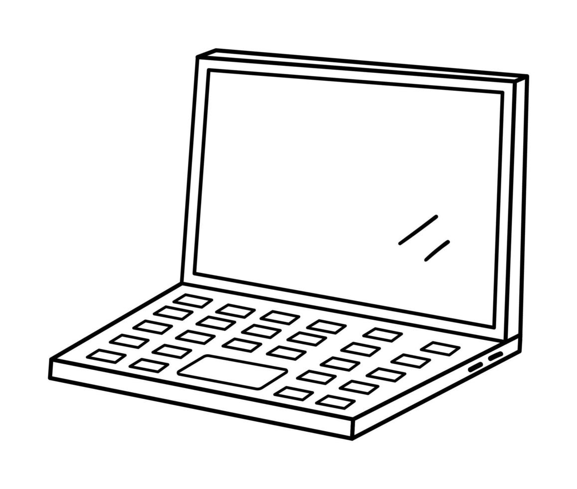 illustrazione del computer portatile in bianco e nero di vettore. Contorno Torna a scuola clipart educative. computer sorridente in stile linea carino. immagine di contorno divertente per i bambini vettore