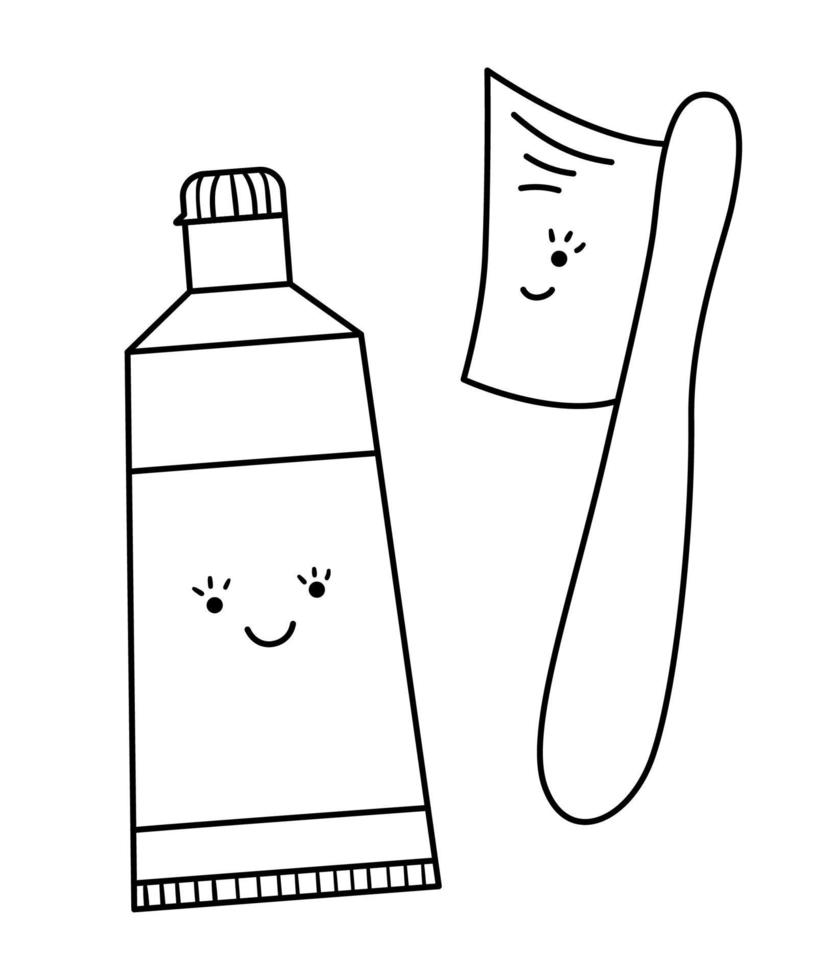 bianco e nero kawaii spazzolino da denti e icona della linea di dentifricio o pagina da colorare. strumento di cura dei denti vettore divertente. elemento di contorno carino per la pulizia dei denti. illustrazione dell'attrezzatura odontoiatrica
