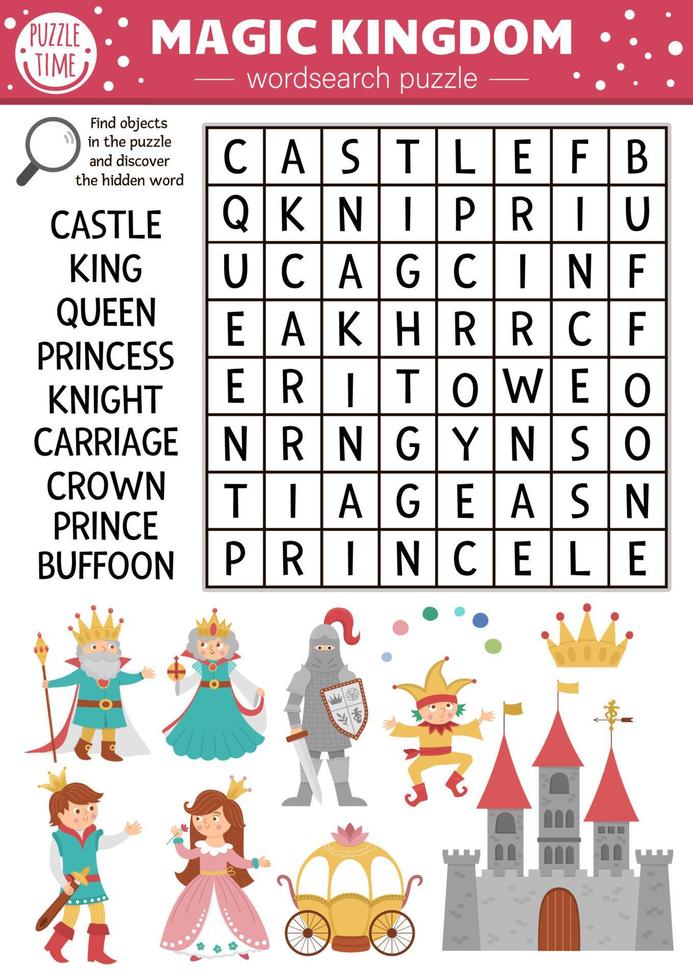 puzzle di ricerca di parole da favola vettoriale per bambini. semplice cruciverba regno magico con creature fantastiche per bambini. attività con cavaliere, castello, principessa, re, principe, corona. parola croce da favola