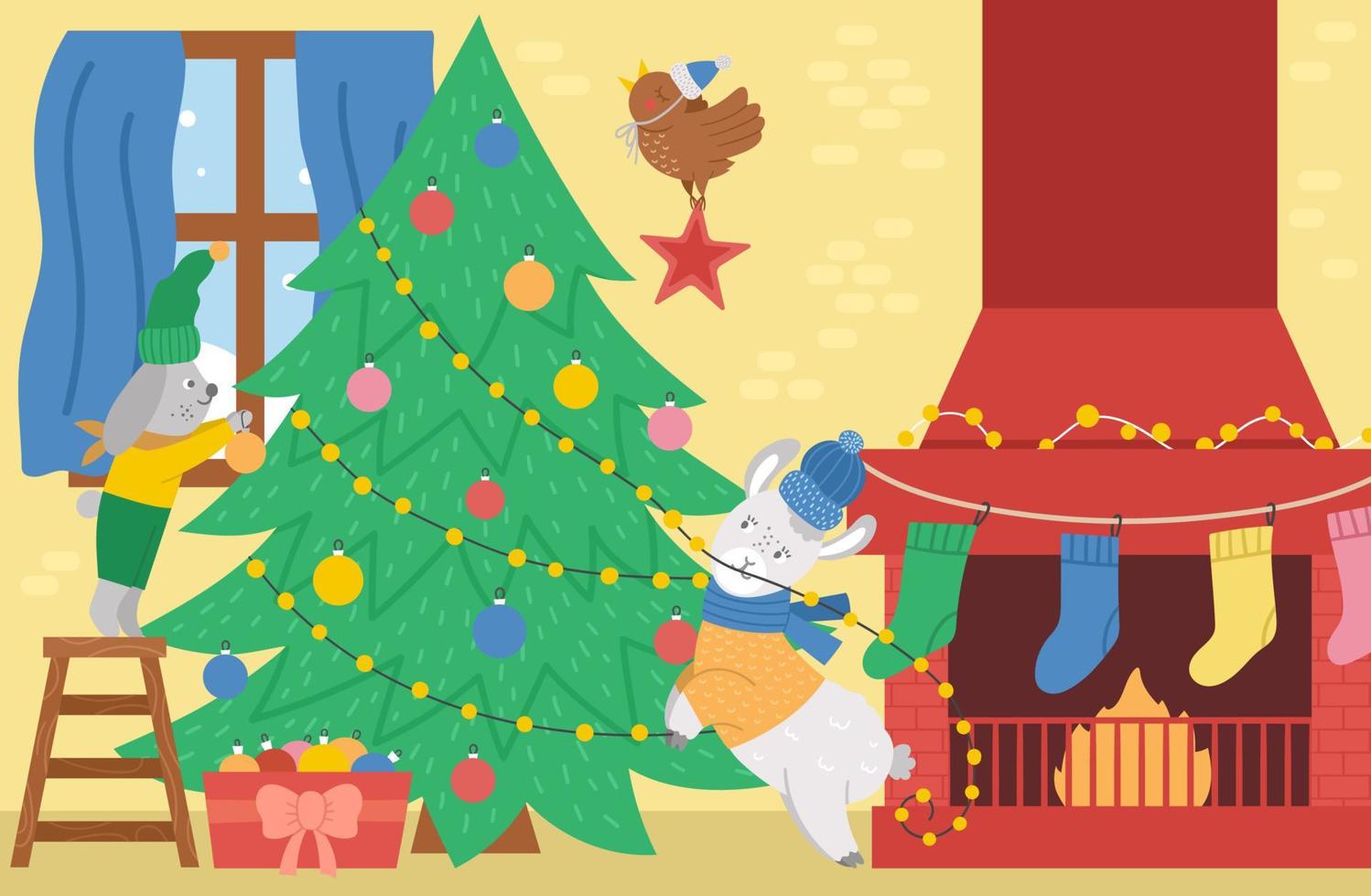 scena di decorazione dell'albero di Natale vettoriale con simpatici animali, camino, calze. sfondo vacanza invernale. illustrazione degli interni della casa di capodanno, invito o design della carta.