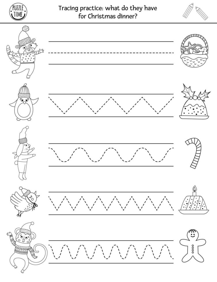 foglio di lavoro di pratica della scrittura a mano di natale di vettore. attività invernale stampabile in bianco e nero per bambini in età prescolare. gioco di tracciamento educativo per abilità di scrittura con personaggi e cibo del nuovo anno vettore