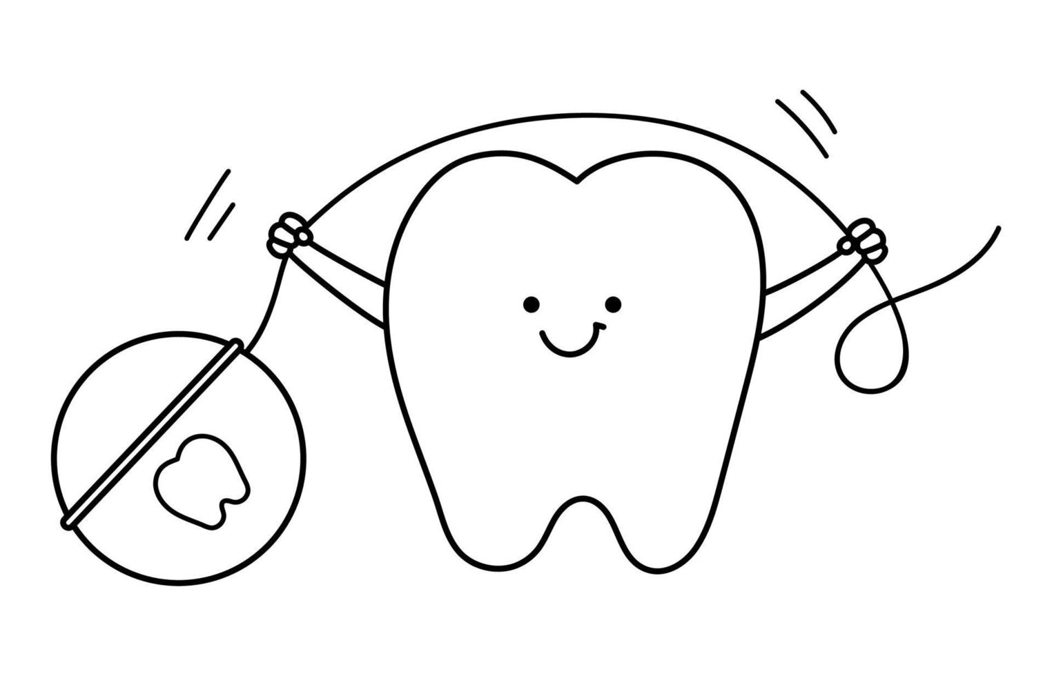 dente kawaii in bianco e nero che tiene il filo interdentale. icona della linea dei denti del vettore. immagine divertente di cure dentistiche per i bambini. dentista baby clinic clipart o pagina da colorare con il concetto di igiene della bocca vettore