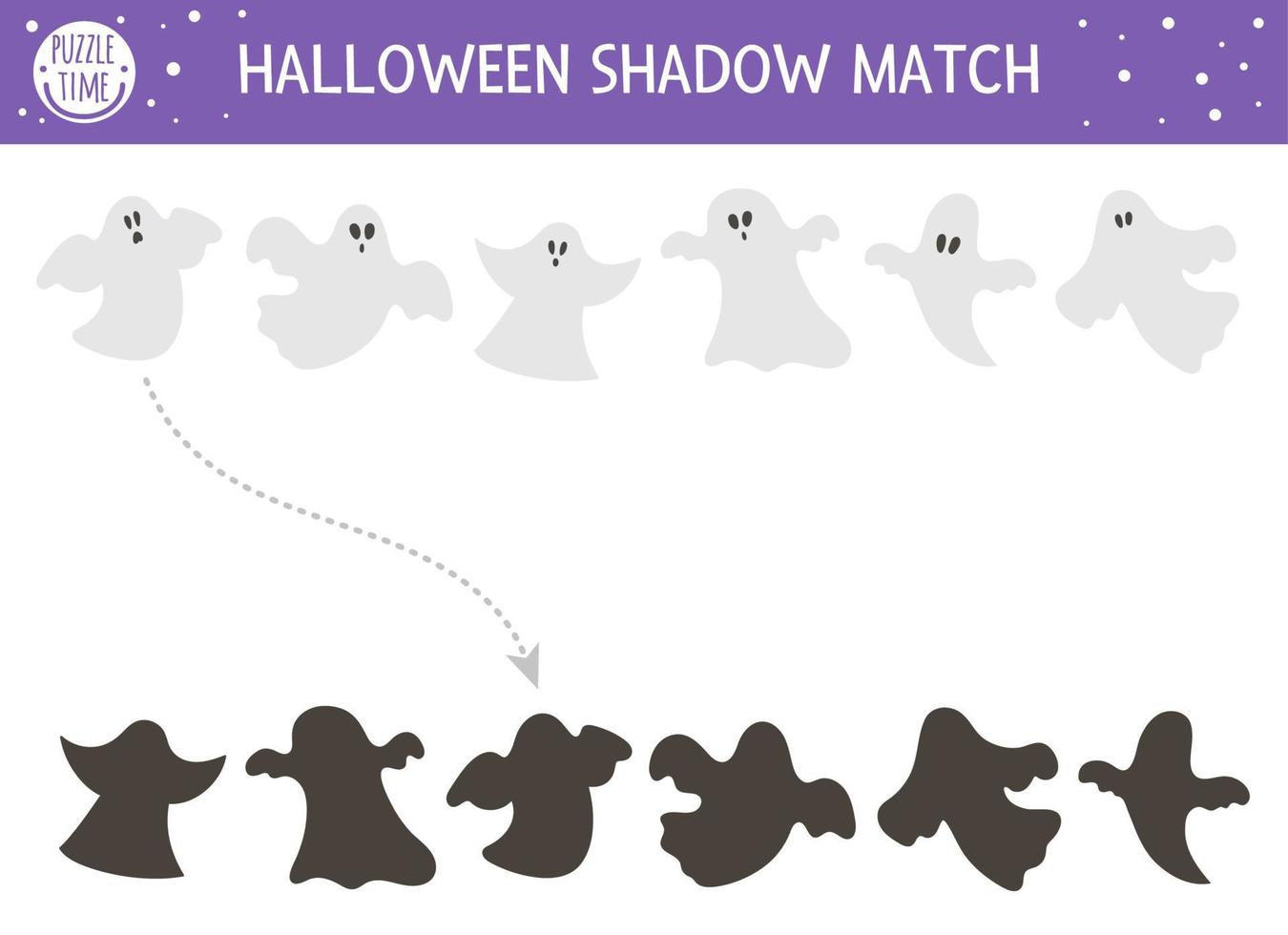 attività di corrispondenza dell'ombra di Halloween per i bambini. puzzle autunnale con fantasma. gioco educativo per bambini con fantasmi spaventosi. trova il foglio di lavoro stampabile della sagoma corretta. vettore