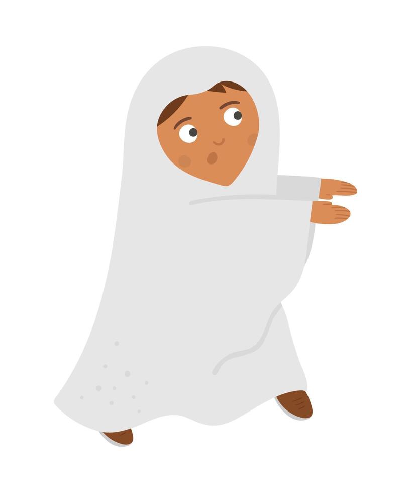 ragazzo vestito come un fantasma. simpatico personaggio del bambino di halloween di vettore. bambino in costume da mostro spaventoso. divertente autunno tutti i santi illustrazione vigilia. disegno del partito del vestito da Samhain. vettore