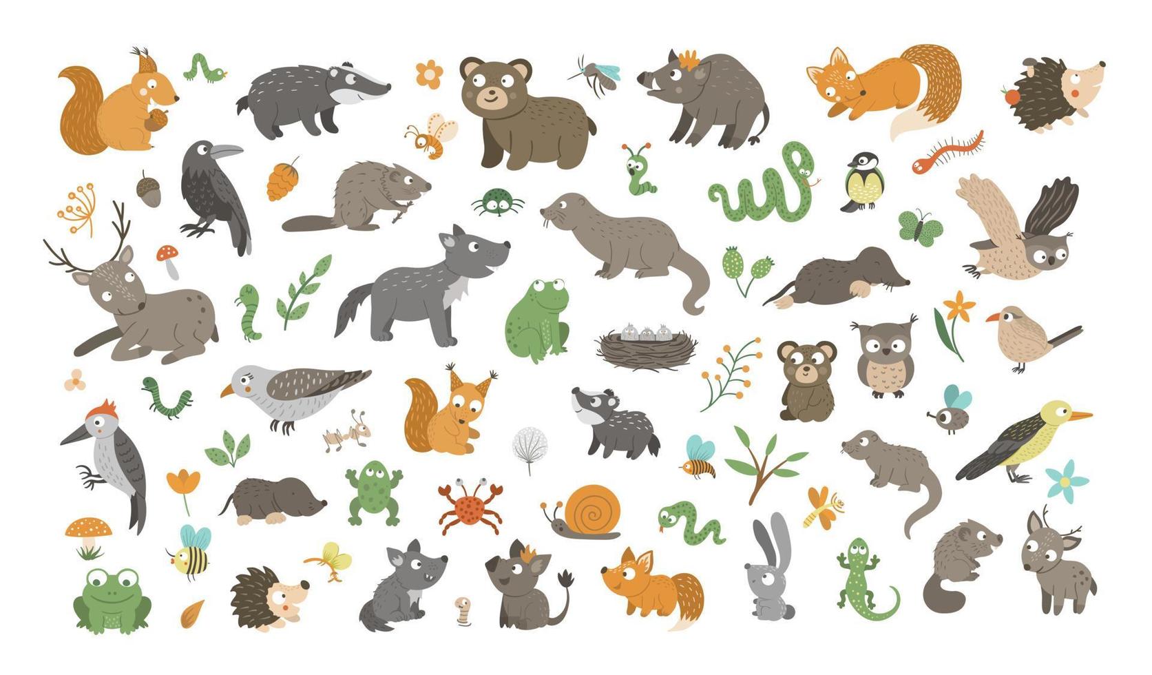 grande set di animali del bosco piatti disegnati a mano vettoriali, i loro bambini, uccelli, insetti e clipart della foresta. divertente collezione animalesca. simpatica illustrazione con orso, volpe, scoiattolo, cervo, riccio. vettore