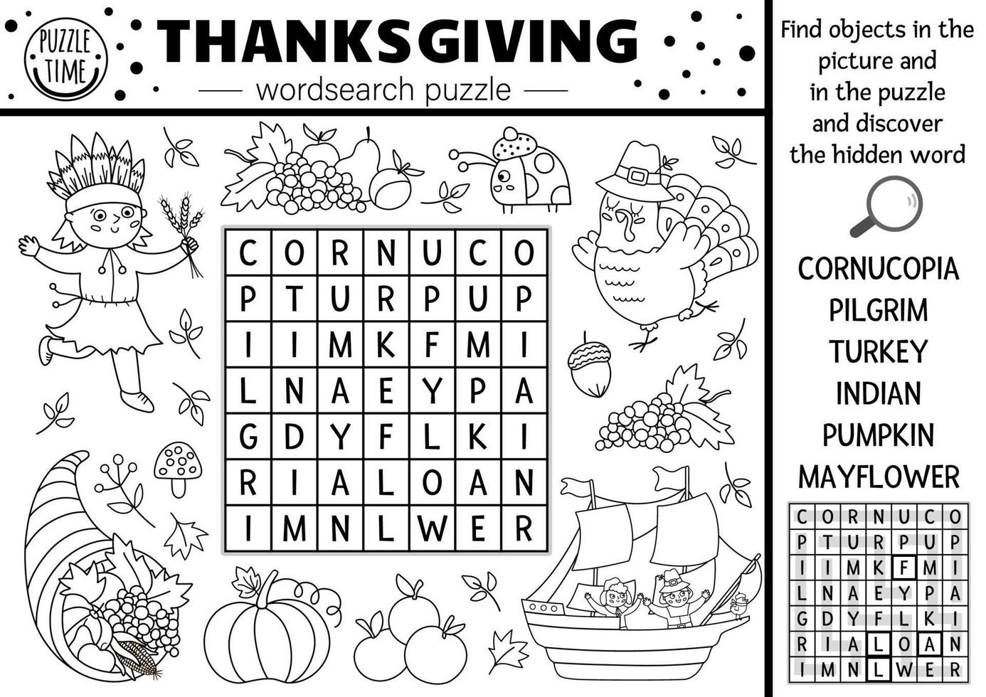 vettore di ringraziamento in bianco e nero wordsearch puzzle per i bambini. cruciverba di campo autunnale di linea semplice con simboli tradizionali. attività di parole chiave da colorare con tacchino, pellegrino, zucca, americano.