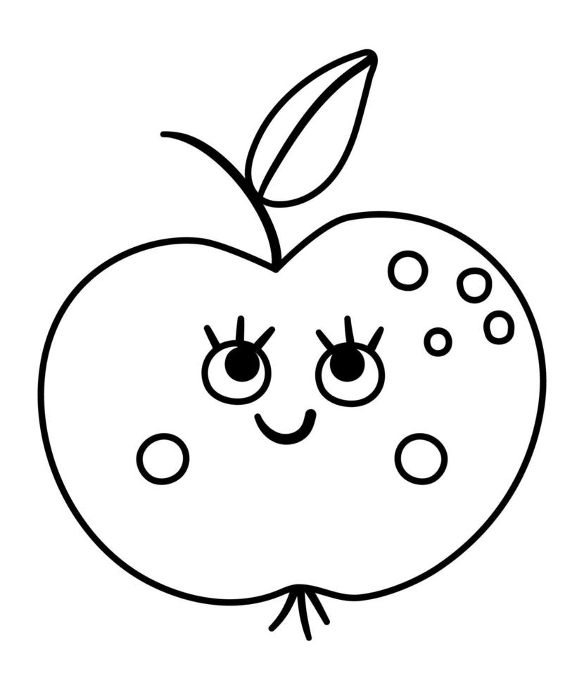 illustrazione di mela kawaii in bianco e nero di vettore. Contorno Torna a scuola clipart educative. carino stile contorno frutta sorridente con gli occhi. icona della linea divertente per i bambini vettore