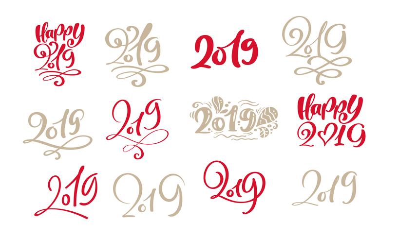 Insieme del modello di scheda di disegno del testo 2019 di Natale di lettering calligrafico scandinavo di vettore. Tipografia creativa per poster regalo di auguri di vacanza. Banner stile font calligrafia vettore