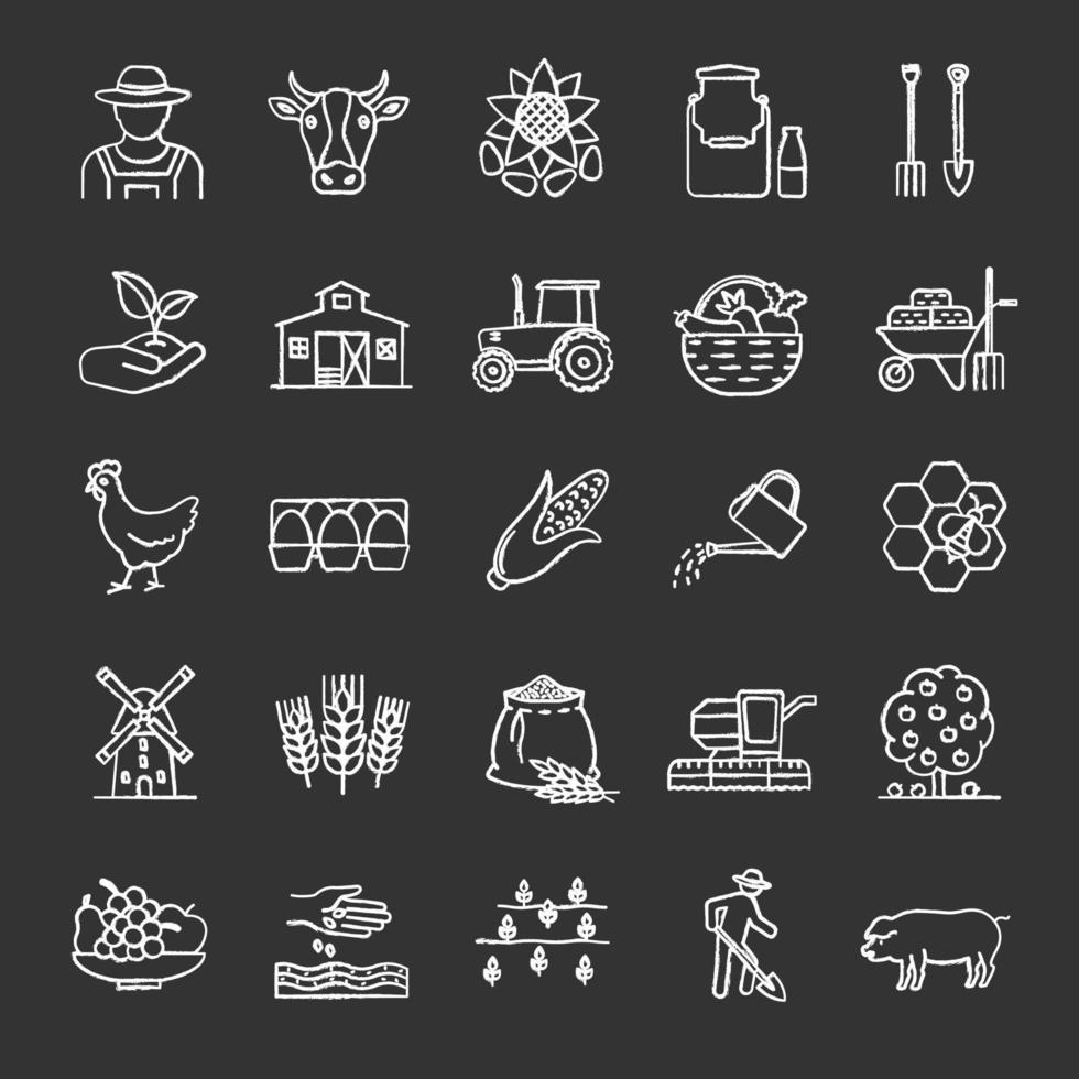 set di icone di gesso agricoltura. agricoltura. attrezzo agricolo. illustrazioni di lavagna vettoriali isolate