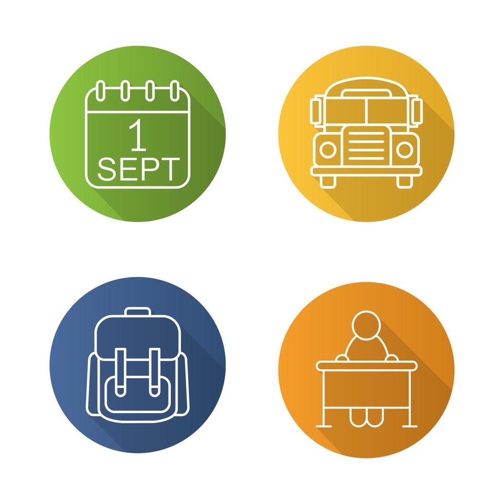 set di icone piane lineare lunga ombra della scuola. 1 settembre appuntamento, scuolabus, zaino da studente, allievo seduto alla scrivania. illustrazione di contorno vettoriale