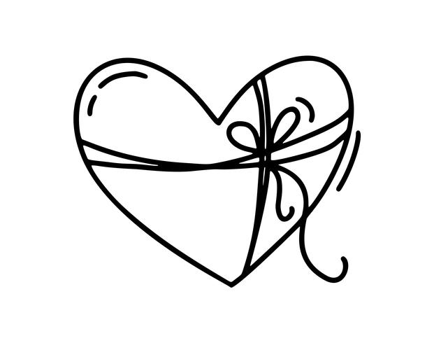 Monoline simpatico cuore con corda e fiocco. Icona disegnata a mano di vettore San Valentino. Doodle di schizzo di vacanza San Valentino elemento di design. amo l&#39;arredamento per il web, il matrimonio e la stampa. Illustrazione isolato