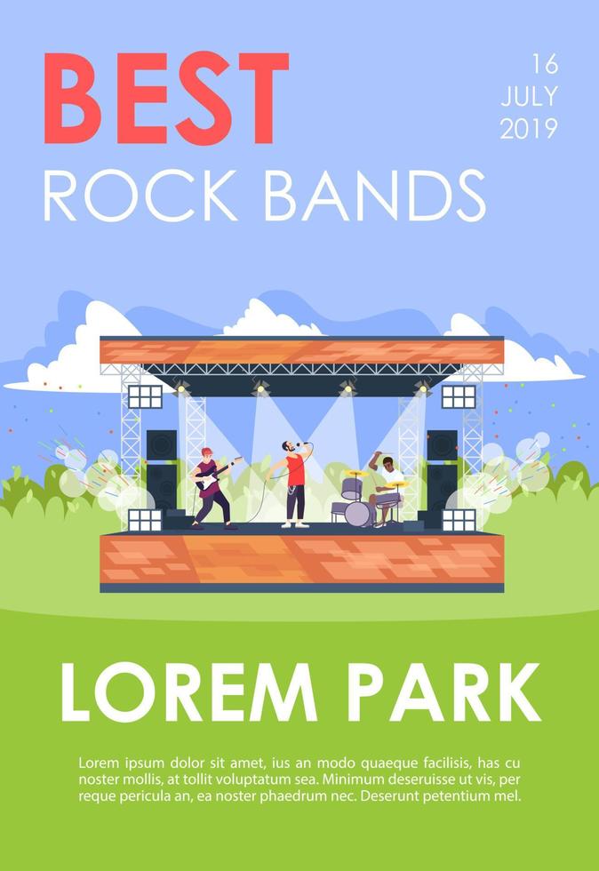 miglior modello di brochure per gruppi rock. concerto musicale nel parco volantino, opuscolo, concetto di volantino con illustrazioni piatte. layout di pagina vettoriale per la rivista. invito pubblicitario con spazio di testo