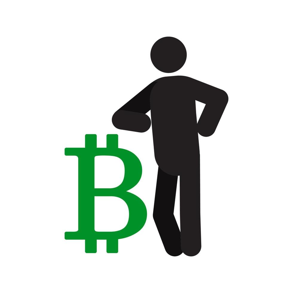 l'uomo si appoggia sull'icona della siluetta del segno di bitcoin. uomo d'affari, analista, economista, finanziere, venditore, manager. persona di successo e sicura di sé. illustrazione vettoriale isolato