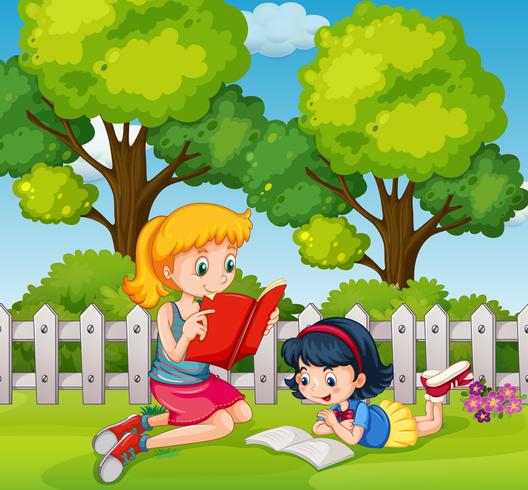 Due ragazze che leggono libri in giardino vettore