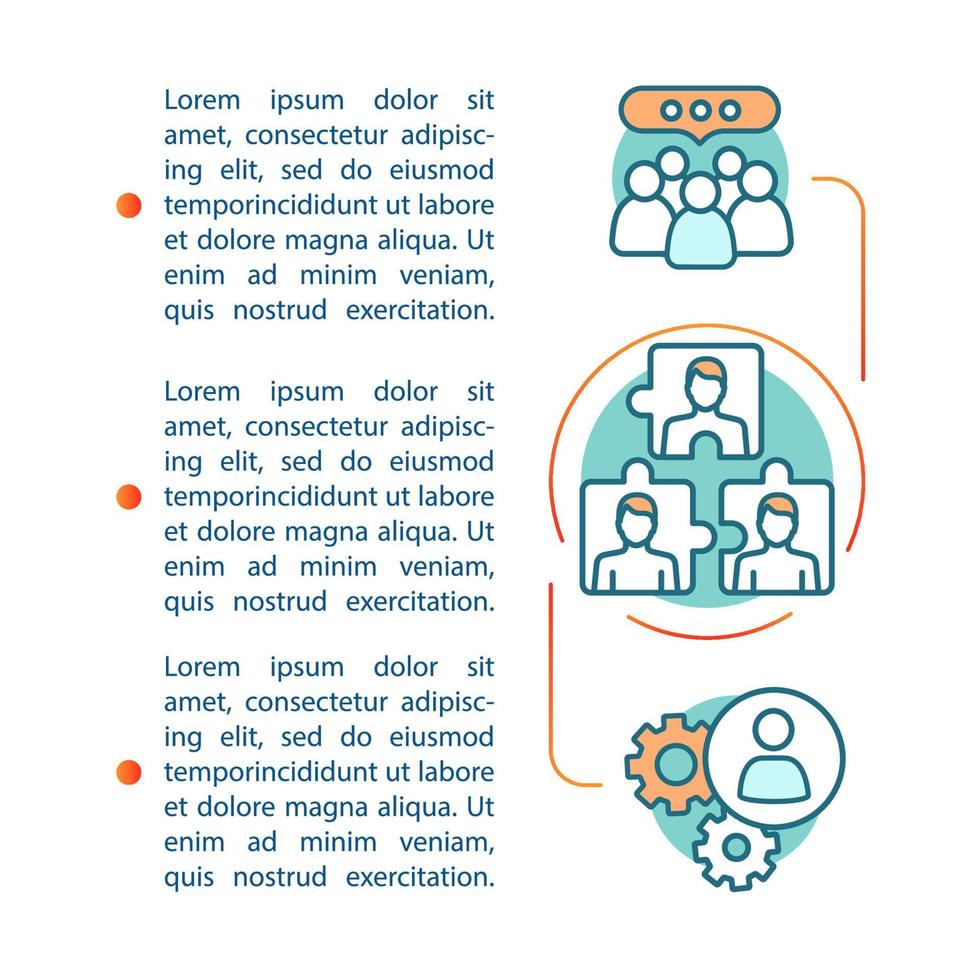 modello di vettore della pagina dell'articolo di team building. collaborazione, direzione. gestione della squadra. brochure, rivista, elemento di design opuscolo con icone lineari. disegno di stampa. illustrazioni concettuali con spazio di testo