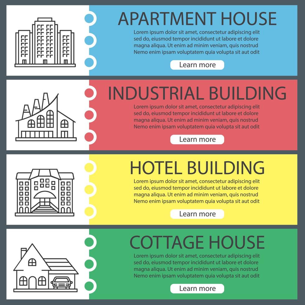 set di modelli di banner web di edifici della città. condominio, stabilimento industriale, hotel, cottage. voci di menu a colori del sito Web con icone lineari. concetti di design delle intestazioni vettoriali