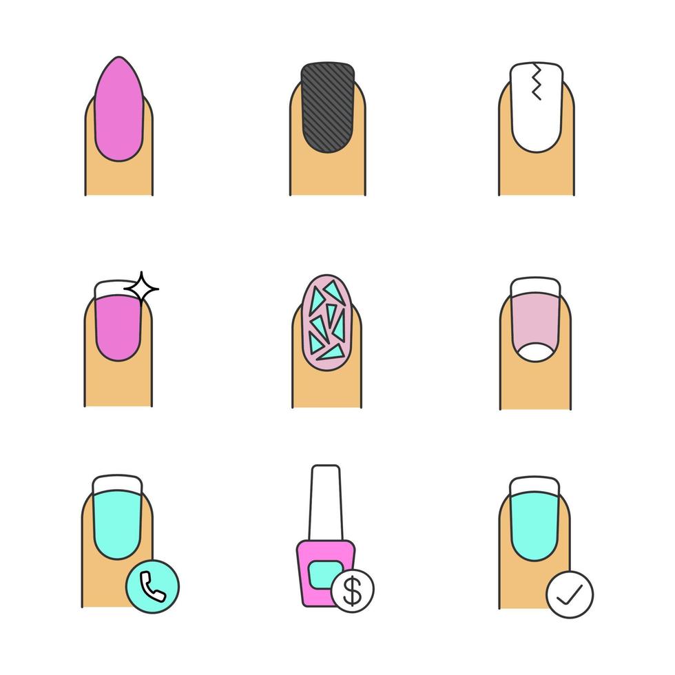 set di icone di colore manicure. a mandorla, opaco, vetri rotti, french manicure, unghie screpolate, chiamata al salone di bellezza. illustrazioni vettoriali isolate