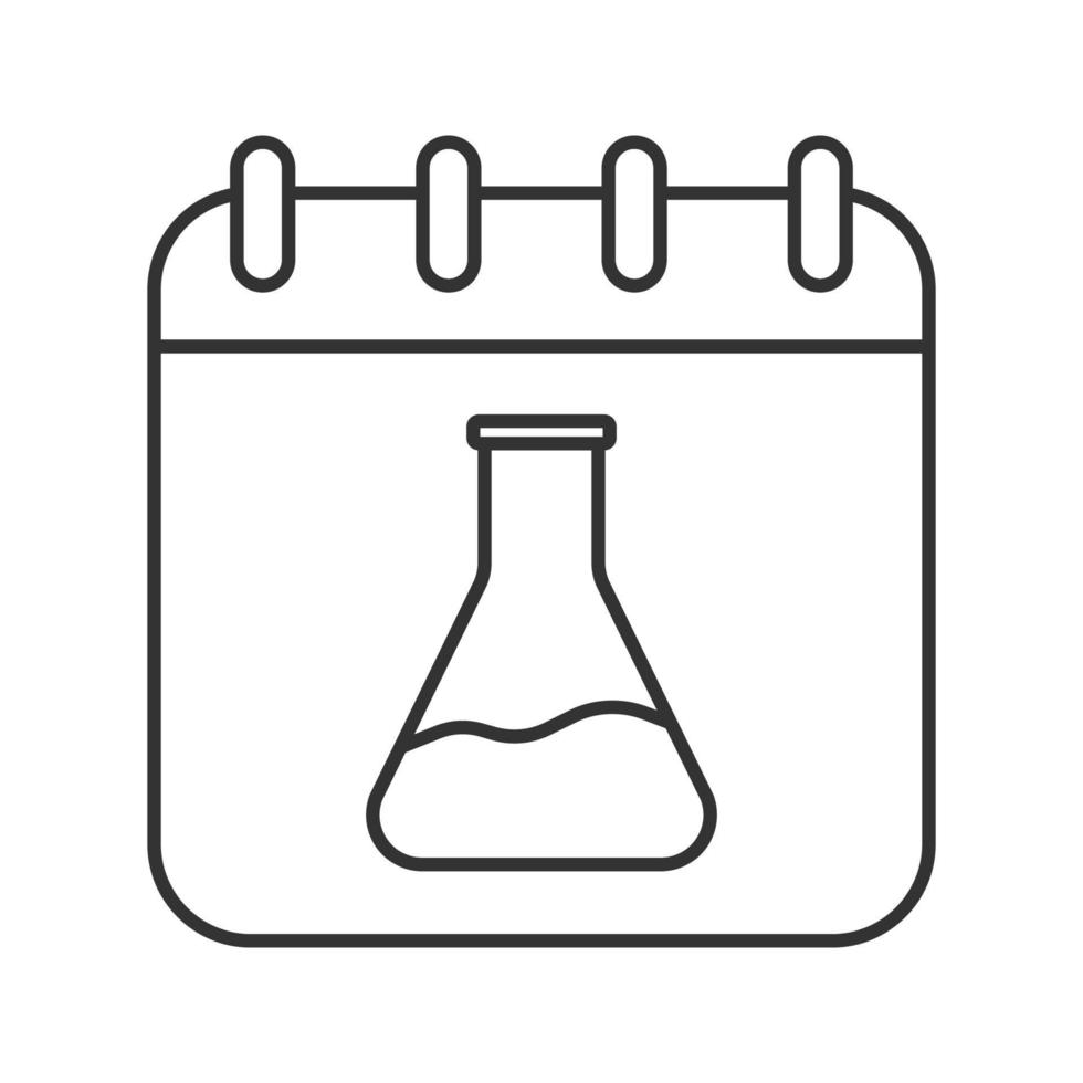 icona lineare del programma di ricerca. illustrazione di linea sottile. pagina del calendario con pallone da laboratorio chimico. simbolo di contorno. disegno vettoriale isolato contorno