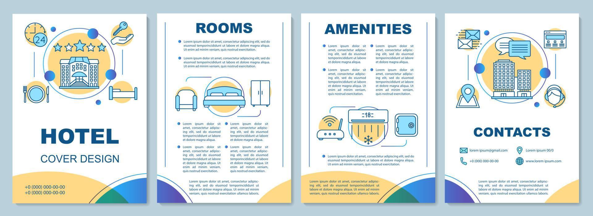 layout del modello di brochure dell'hotel. dotazioni delle camere, servizi vettore