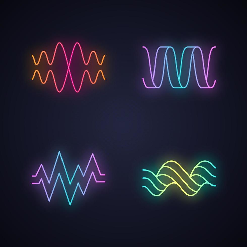 set di icone di luce al neon delle onde sonore. onde sonore. frequenza musicale. linea vocale, onde sonore sovrapposte. ritmo cardiaco, battito, polso. forma d'onda digitale astratta. segni luminosi. illustrazioni vettoriali isolate