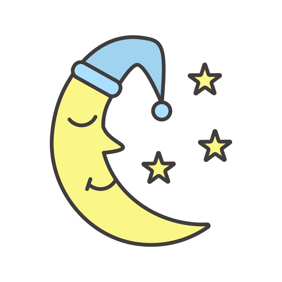 luna con berretto da notte e icona del colore delle stelle. ora di andare a letto. illustrazione vettoriale isolato