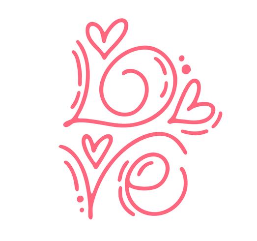 Amore di testo di calligrafia di monoline di vettore. Lettering disegnato a mano d&#39;epoca San Valentino. Doodle di schizzo di cuore vacanza Disegno cartolina di San Valentino. amo l&#39;arredamento per il web, il matrimonio e la stampa. Illustrazione i vettore