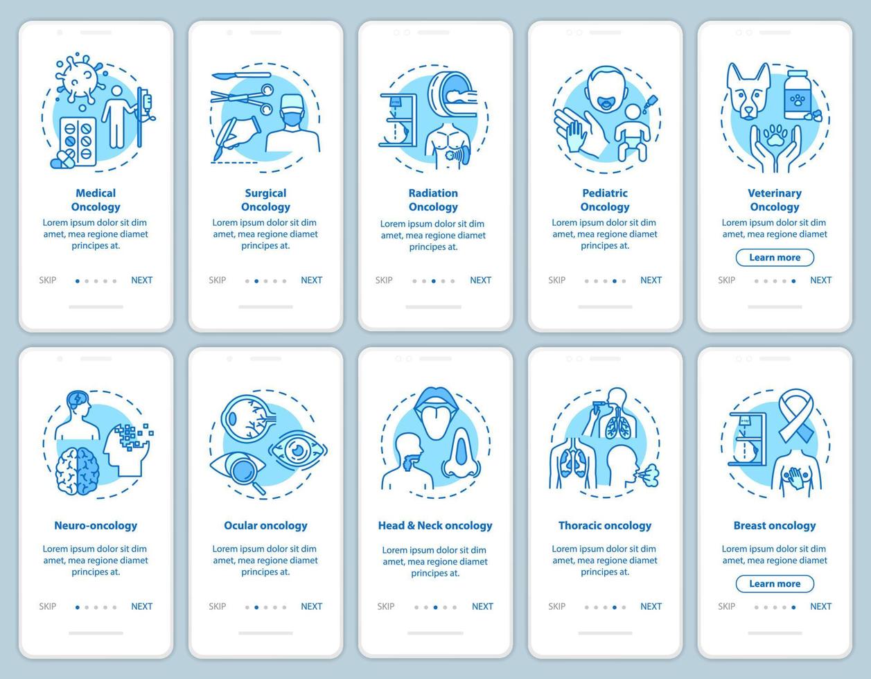 schermata della pagina dell'app mobile onboarding oncology con concetti. cancro oculare. oncologia medica. procedura dettagliata di trattamento della malattia istruzioni grafiche. modello vettoriale dell'interfaccia utente con illustrazioni a colori rgb