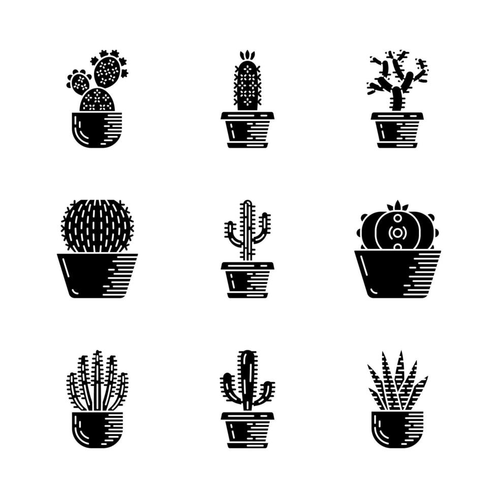 cactus in pentole set di icone glifi vettore