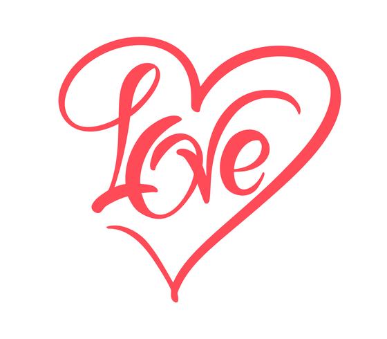 Parola di calligrafia rossa amore. Iscrizione disegnata a mano di giorno di San Valentino di vettore. Cartolina di San Valentino cuore Holiday Design. amo l&#39;arredamento per il web, il matrimonio e la stampa. Illustrazione isolato vettore