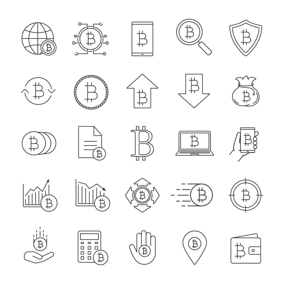 set di icone lineari bitcoin. criptovaluta. sistema di pagamento digitale. simboli di contorno linea sottile. illustrazioni di contorno vettoriale isolato