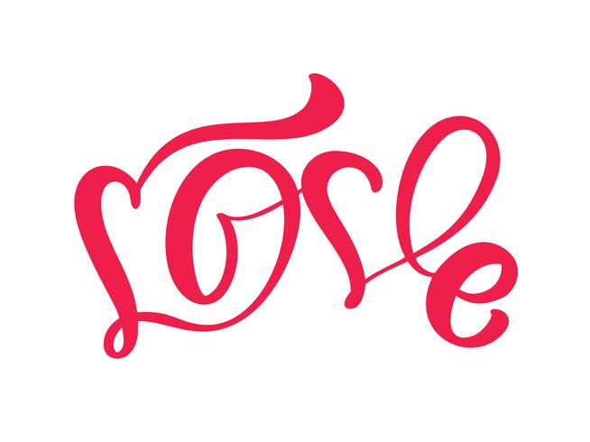 Parola di calligrafia rossa amore. Iscrizione disegnata a mano di giorno di San Valentino di vettore. Cartolina di San Valentino cuore Holiday Design. amo l&#39;arredamento per il web, il matrimonio e la stampa. Illustrazione isolato vettore