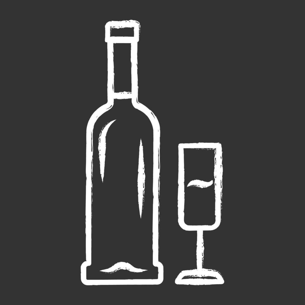 bottiglia aperta e bicchiere di champagne gesso icona. servizio vino. vino frizzante. aperitivo, bevanda alcolica, bevanda. vetreria, cantina, bicchiere da vino. bar, ristorante. illustrazione di lavagna vettoriale isolato