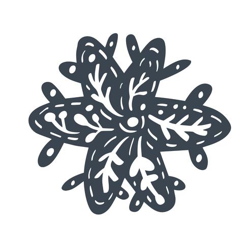 Segno di fiocchi di neve handdraw scandinavo. Inverno design elemento illustrazione vettoriale. Icona nera del fiocco di neve isolata su fondo bianco. Sagome di fiocchi di neve. Simbolo di neve, vacanza, tempo freddo, gelo vettore