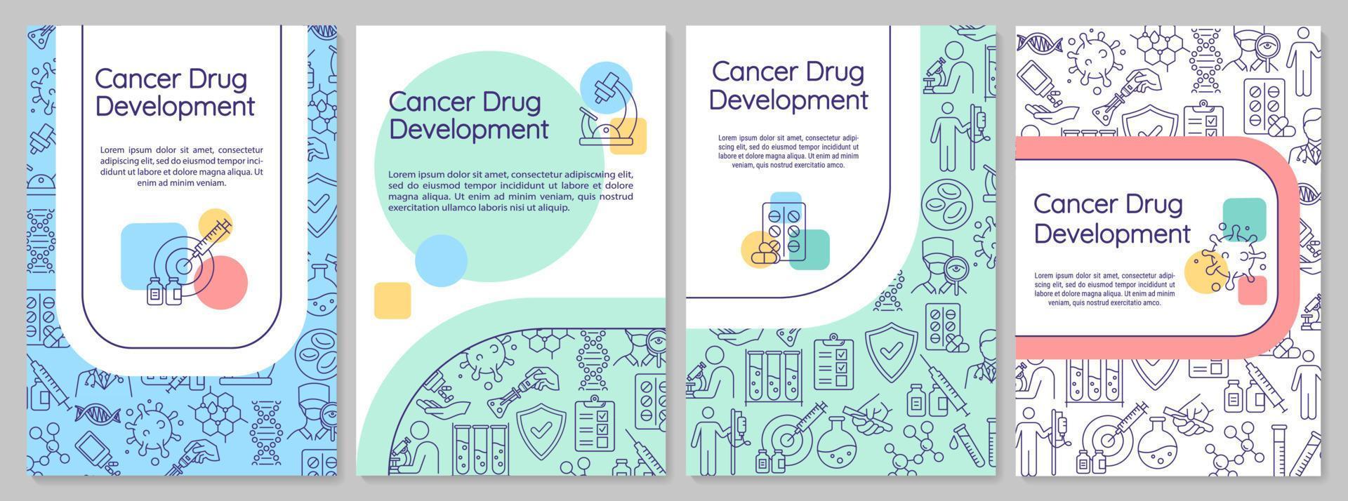 modello di brochure per lo sviluppo di farmaci antitumorali. farmacologia. trattamento oncologico. volantino, opuscolo, stampa di volantini con icone lineari. layout vettoriali per riviste, relazioni annuali, manifesti pubblicitari