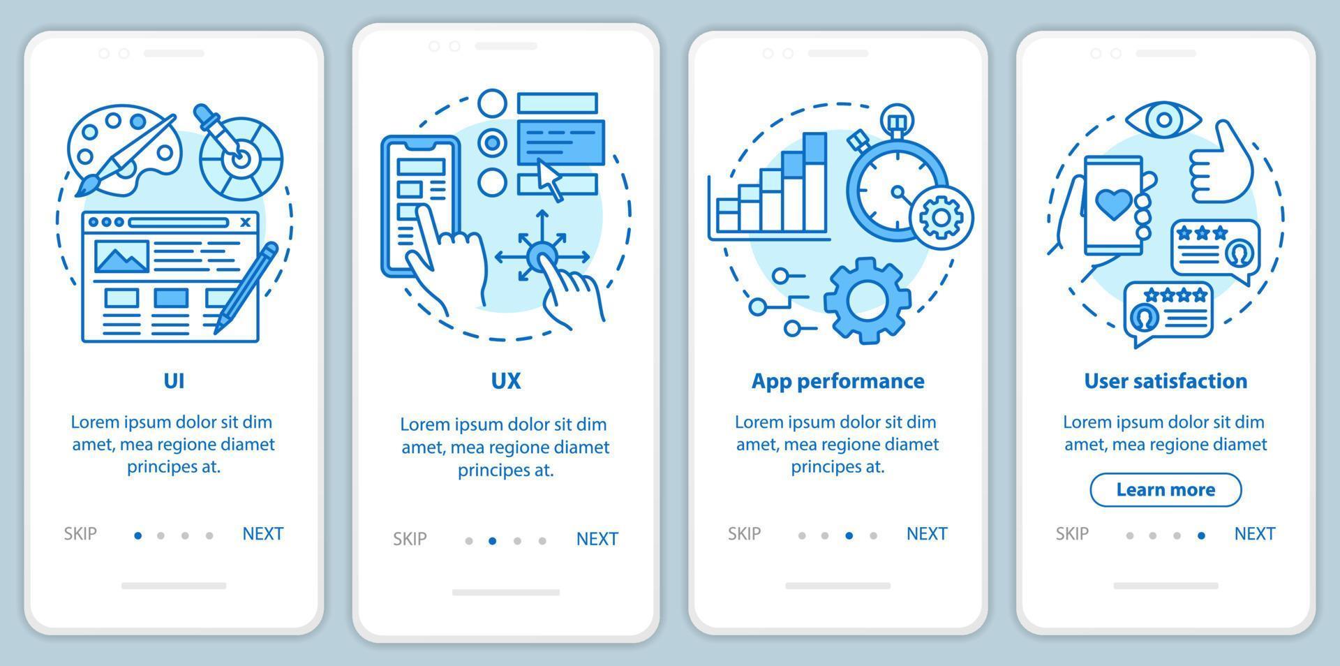 modello di vettore dello schermo della pagina dell'app mobile onboarding dello sviluppo software. programmazione dell'applicazione. procedura dettagliata del sito Web con illustrazioni lineari. ux, ui, gui concetto di interfaccia per smartphone