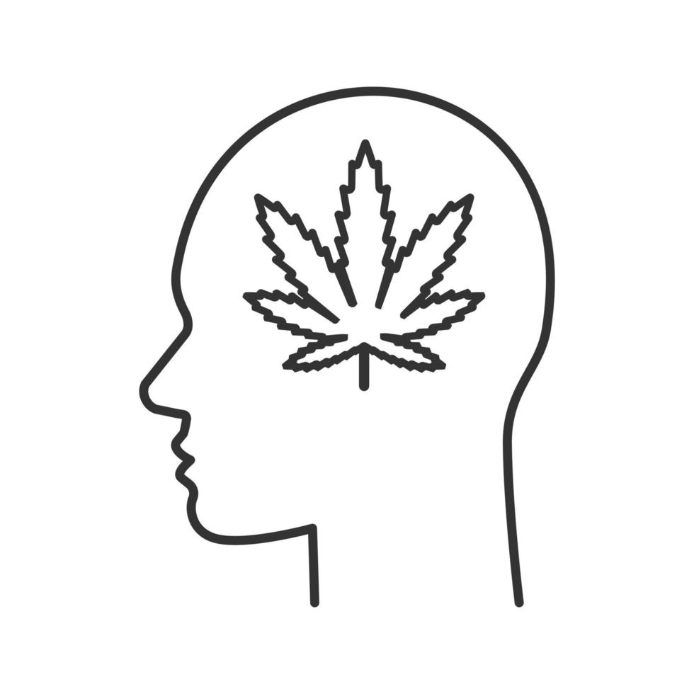 testa umana con icona lineare foglia di marijuana. tossicodipendenza. illustrazione di linea sottile. cattiva abitudine. disegno vettoriale isolato contorno