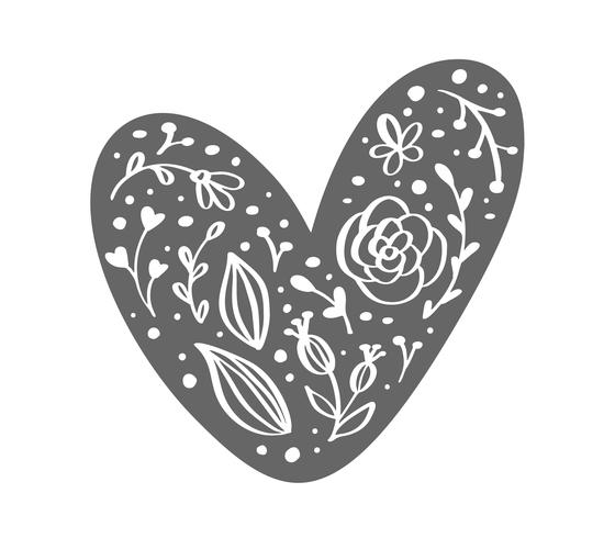 Il cuore scandinavo disegnato a mano di giorno di Velentines con l&#39;ornamento fiorisce la siluetta dell&#39;icona. Vettore semplice contorno simbolo di San Valentino. Elemento di design isolato per web, matrimonio e stampa