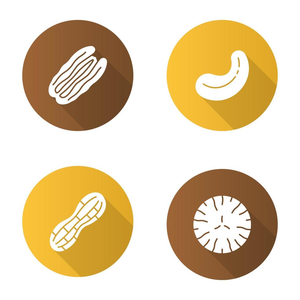 noci design piatto lunga ombra glifo icone impostate. anacardi e noci pecan, arachidi, noce moscata. illustrazione vettoriale silhouette