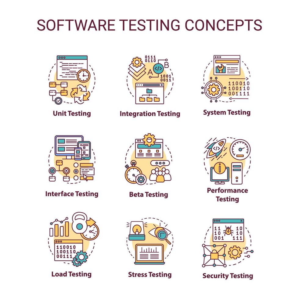 set di icone del concetto di test del software. illustrazioni di linee sottili dell'idea di verifica delle prestazioni del sistema. fasi di sviluppo del programma. affidabilità, stabilità. disegni vettoriali isolati di contorno. tratto modificabile