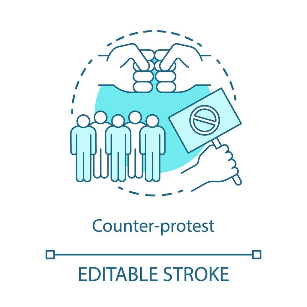 contro l'icona del concetto di protesta. confronto pubblico, manifestazione di disaccordo idea illustrazione al tratto sottile. mano che tiene cartello, pugni e disegno di contorno isolato vettore folla. tratto modificabile