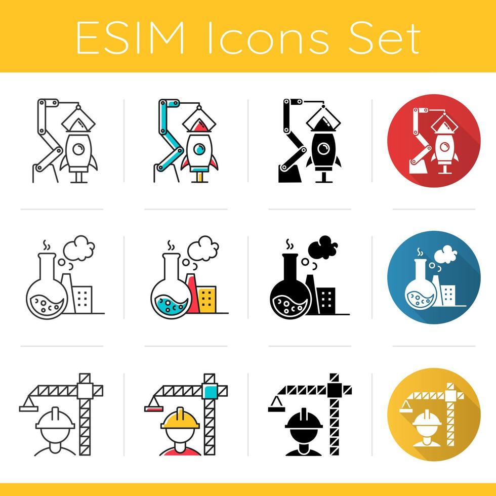 set di icone di tipi di industria. settori dell'economia aerospaziale, chimico, edile. sviluppo tecnologico. design piatto, stili lineari, neri e a colori. illustrazioni vettoriali isolate