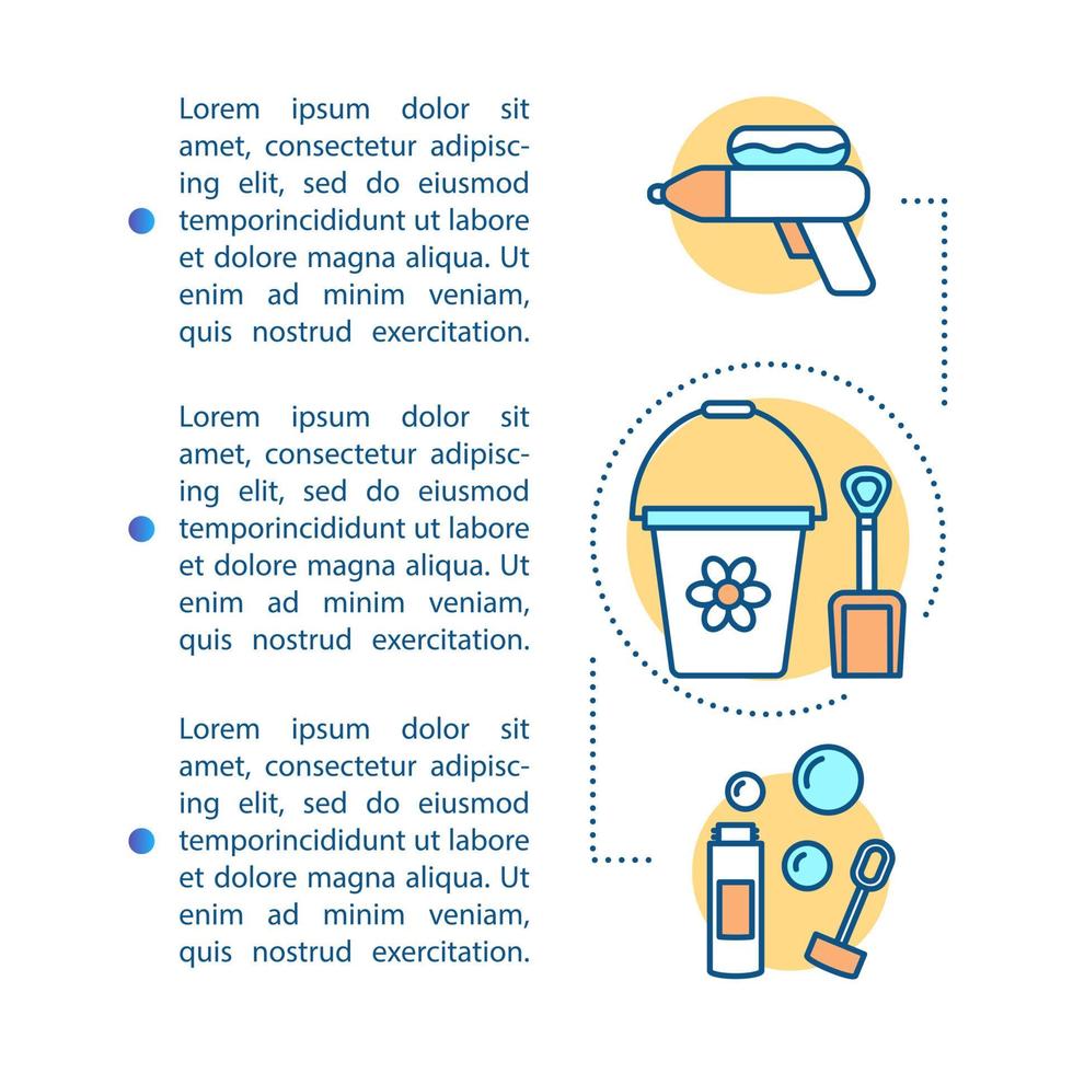 modello di vettore della pagina dell'articolo di attività per bambini all'aperto. tempo felice della famiglia. brochure, rivista, elemento di design opuscolo con icone lineari e casella di testo. disegno di stampa. illustrazioni concettuali con spazio di testo